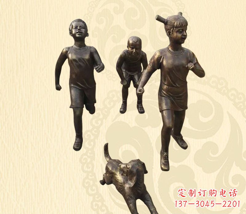 佛山奔跑的儿童和小狗小品铜雕