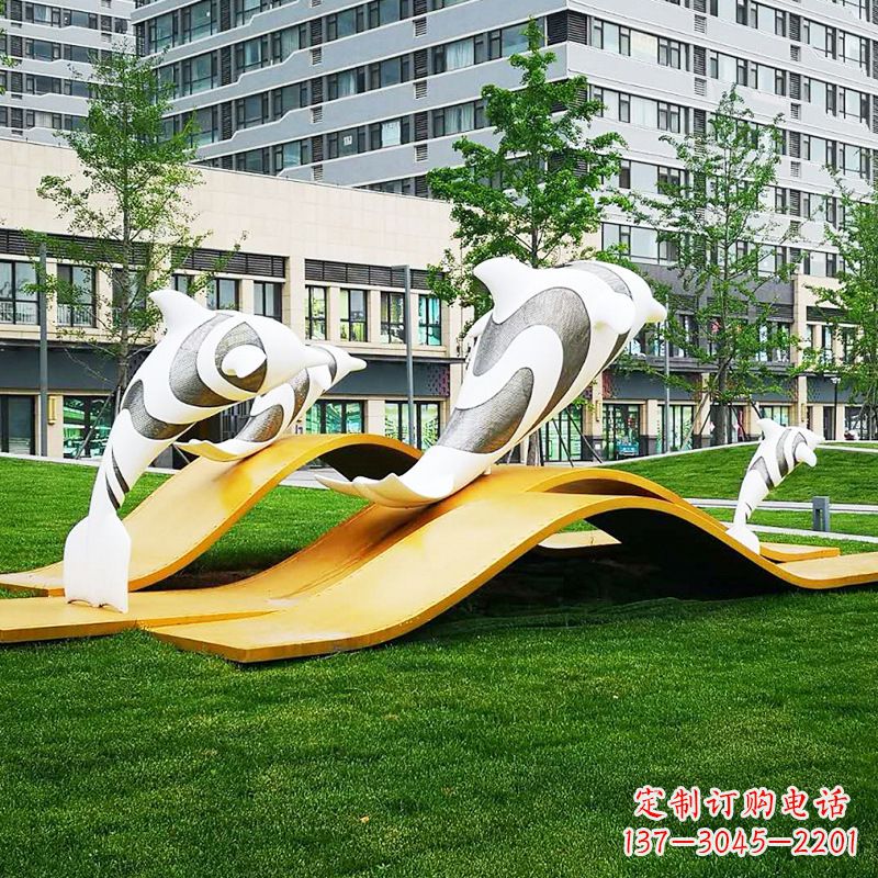 佛山玻璃钢海豚景观雕塑-城市园林创意动物景观雕塑