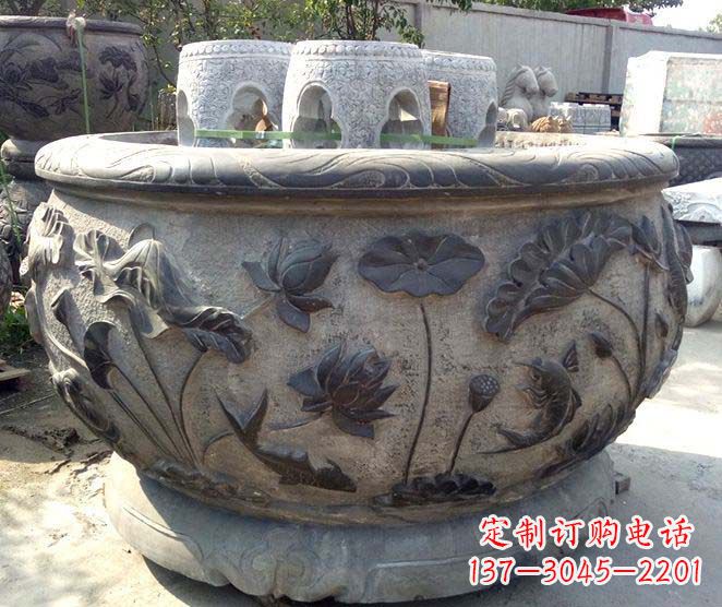 佛山精美仿古荷花鲤鱼浮雕石水缸