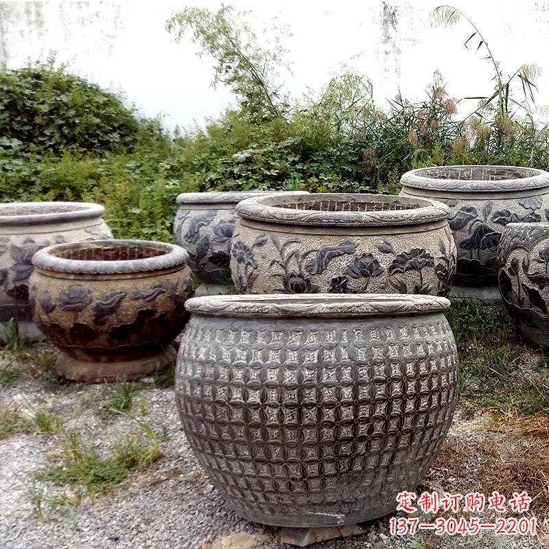 佛山仿古石雕花盆水缸——精美艺术家品