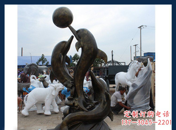 佛山公园铜雕海豚顶球动物雕塑