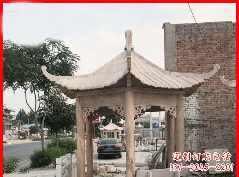 佛山公园晚霞红六角石凉亭雕塑