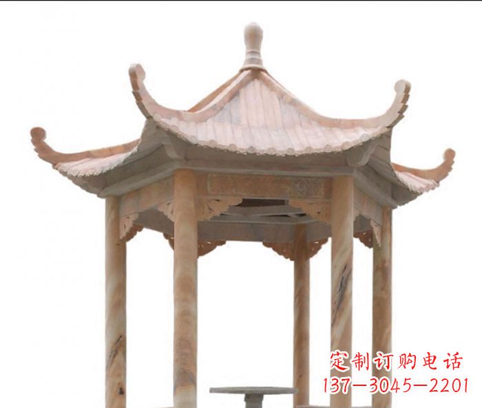 佛山美丽而优雅的公园晚霞红六角石凉亭雕塑