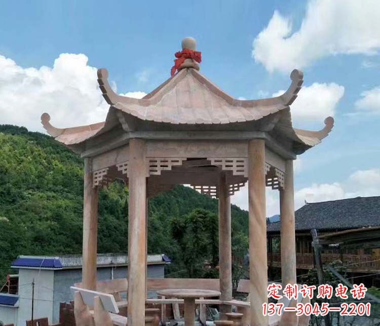 佛山一流的公园晚霞红六角石雕凉亭