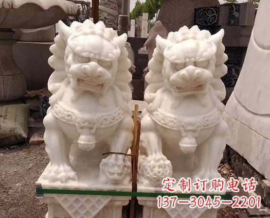 佛山汉白玉踩绣球狮子石雕_2