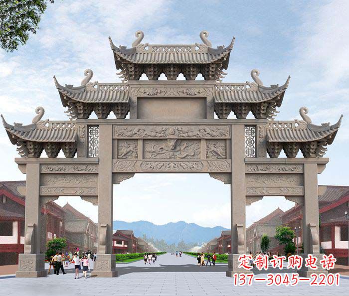 佛山景区三门石雕牌楼——精美雕塑定制