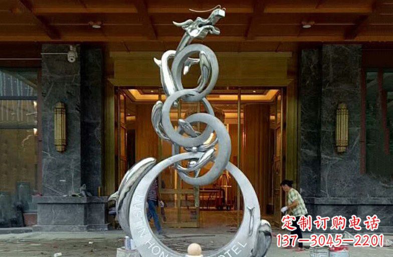 佛山酒店不锈钢抽象鱼跃龙门雕塑