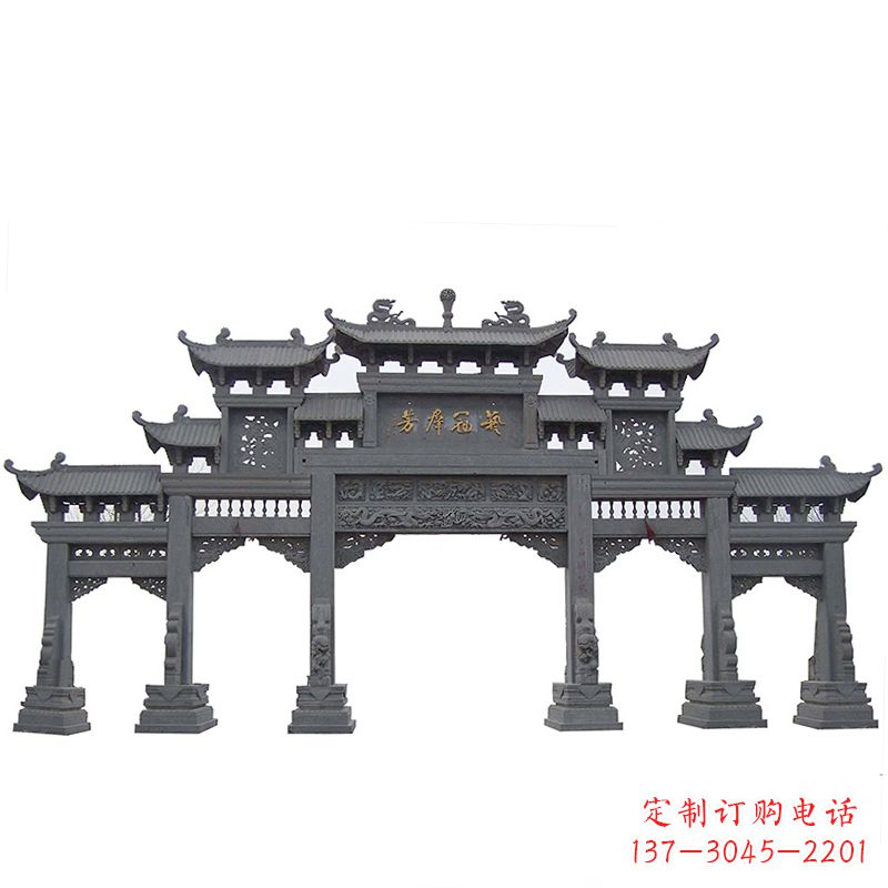 佛山传承千年历史青石仿古五门石雕牌楼