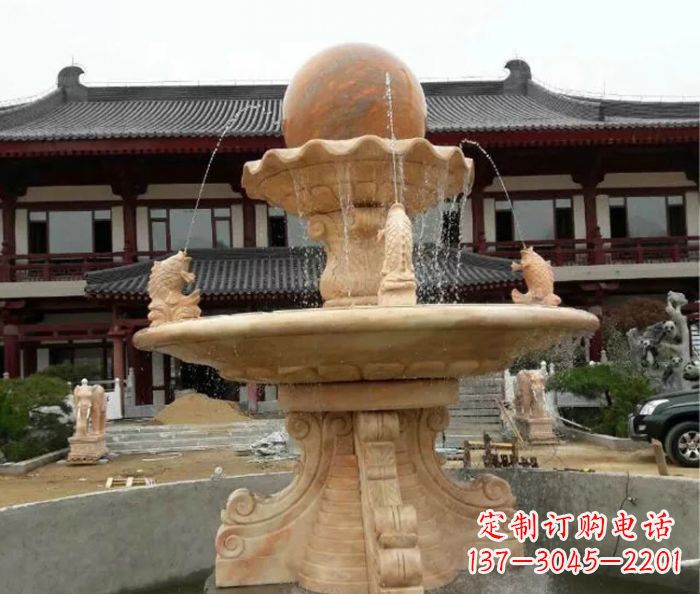 佛山双层风水球喷泉晚霞红石雕