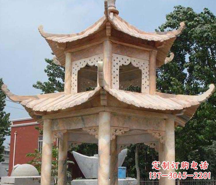 佛山双层晚霞红凉亭石雕
