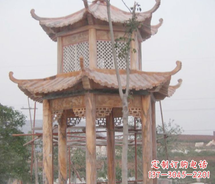 佛山双层晚霞红石凉亭石雕 (2)