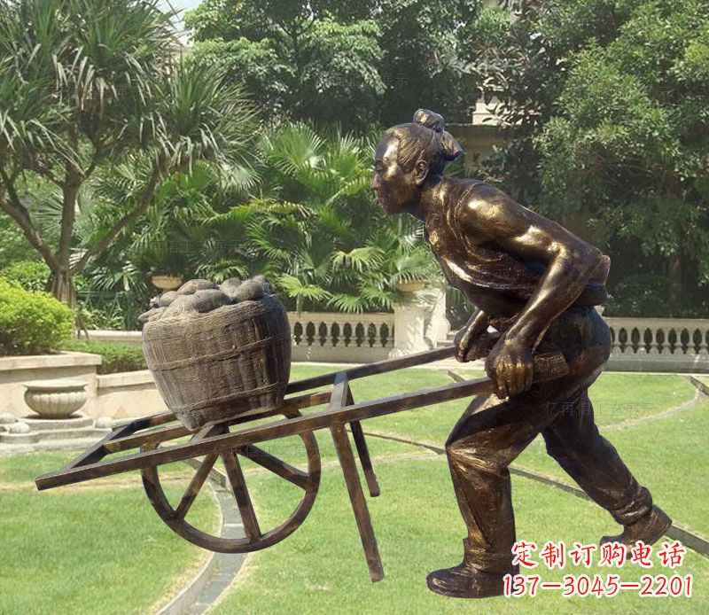 佛山推独轮车的古人铜雕