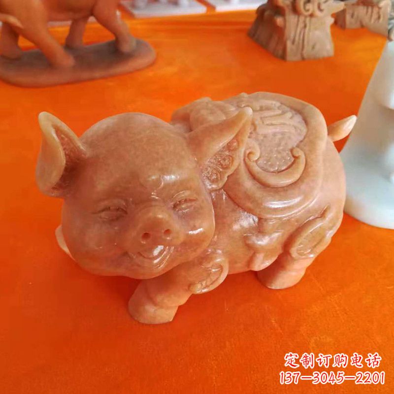 佛山晚霞红大理石招财猪雕塑-企业商场创意生肖动物风水摆件