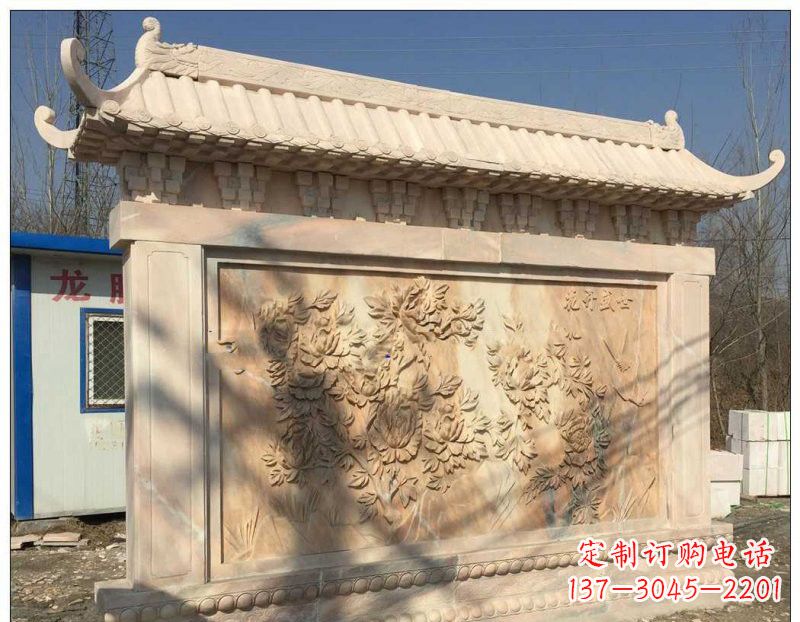 佛山晚霞红牡丹花浮雕影壁