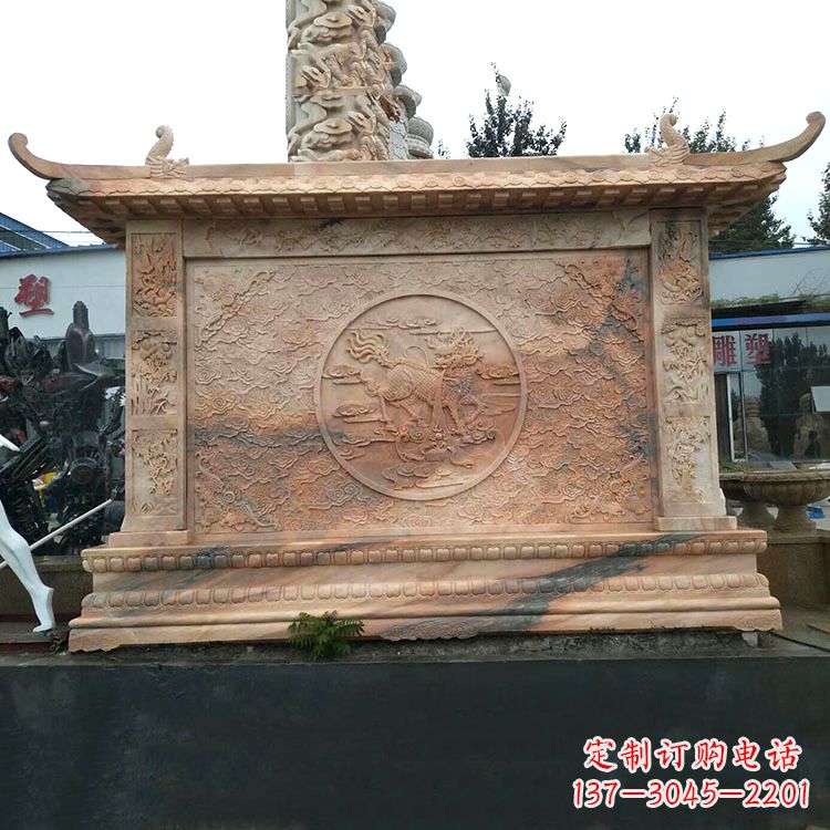 佛山晚霞红麒麟影壁墙石雕