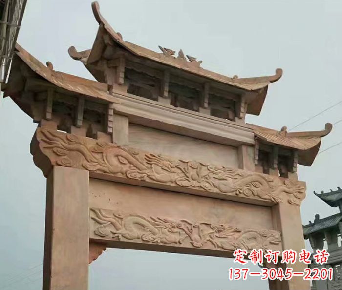 佛山晚霞红石雕单门牌坊