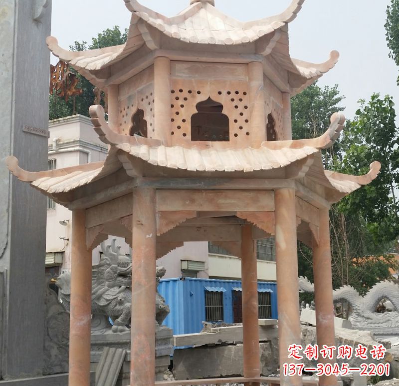 佛山晚霞红双层六角凉亭石雕 (2)
