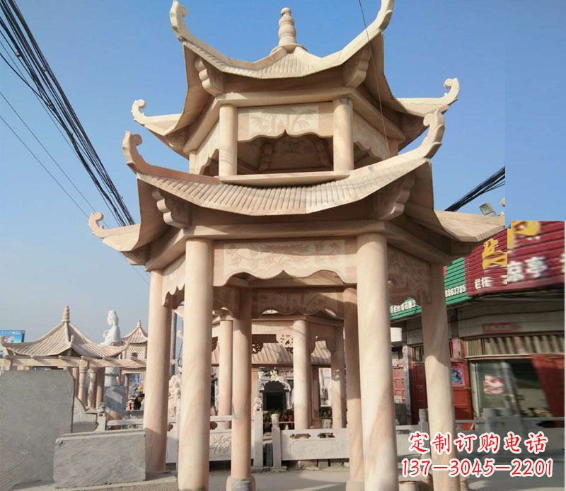 佛山晚霞红双层六角凉亭石雕 (3)