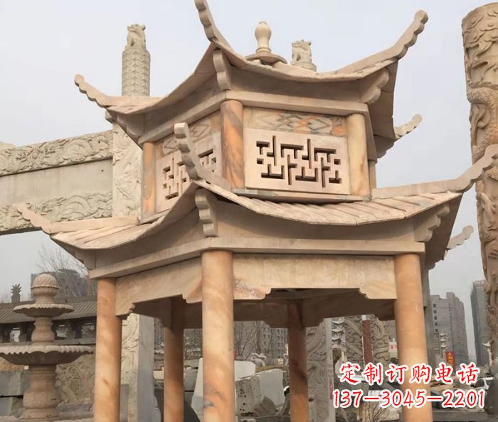 佛山晚霞红双层石雕凉亭