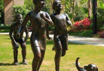 佛山宁夏中领雕塑推出的儿童铜雕跑步遛狗，一款…