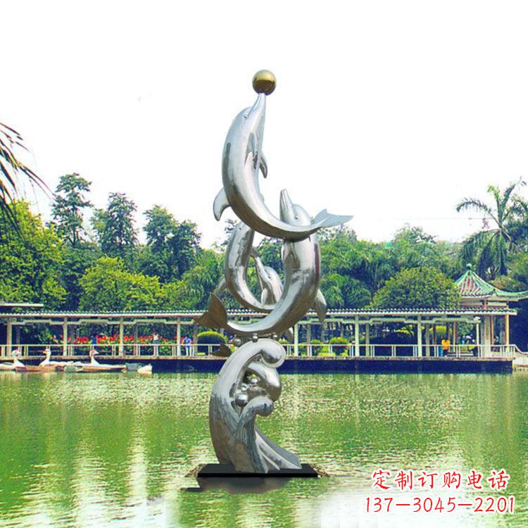 佛山戏球不锈钢海豚雕塑-园林水景动物景观