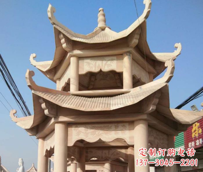 佛山园林景观晚霞红双层石雕凉亭 (2)