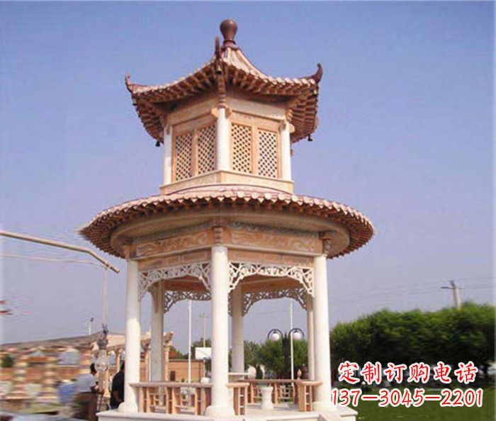 佛山园林景观晚霞红双层石雕凉亭 (4)