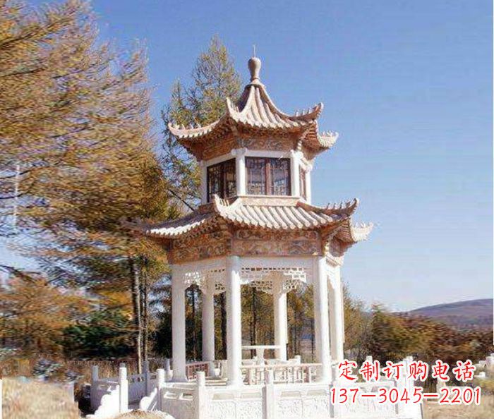 佛山园林景观晚霞红双层石雕凉亭 (3)
