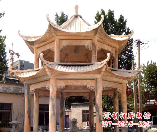 佛山园林景观晚霞红双层石雕凉亭