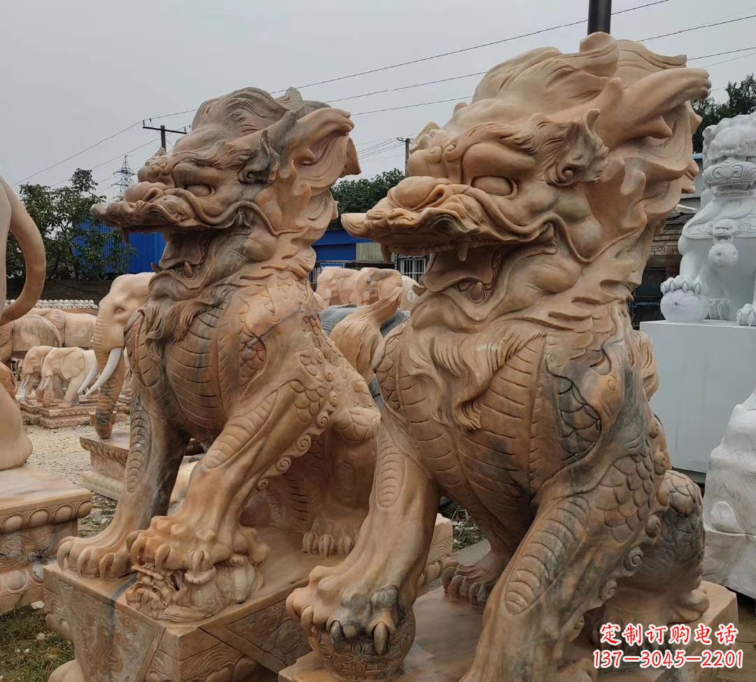 佛山园林晚霞红古代招财神兽麒麟石雕