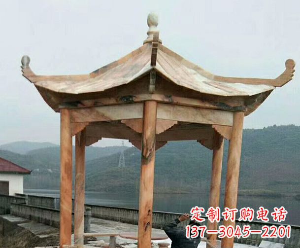 佛山园林晚霞红单层石凉亭景观石雕