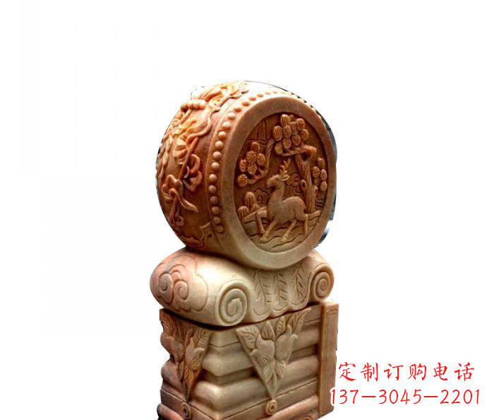 佛山招财石门墩晚霞红抱鼓石