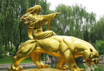 佛山园林骑老虎的美女人物鎏金景观铜雕